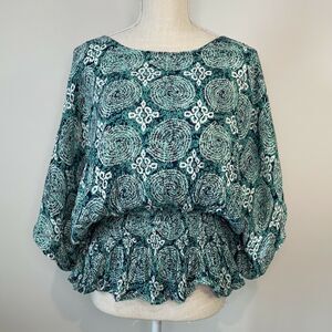 World Market Bohemian Hippie Geometric Smocked Waist Poncho Blouse Green Small